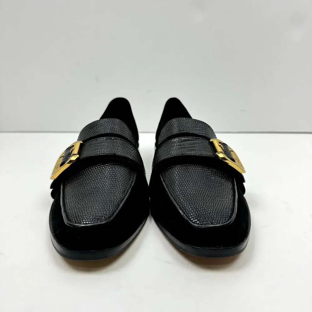 NEW Vince Camuto Cenkanda Black Leather & Suede Gold Buckle Slip On Loafer Flat